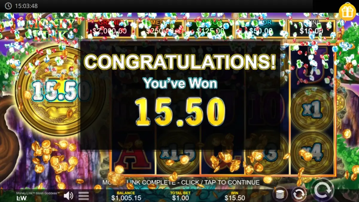 Interface do jogo Money Link Moon Goddess com elementos temáticos asiáticos e símbolos de moedas brilhantes.