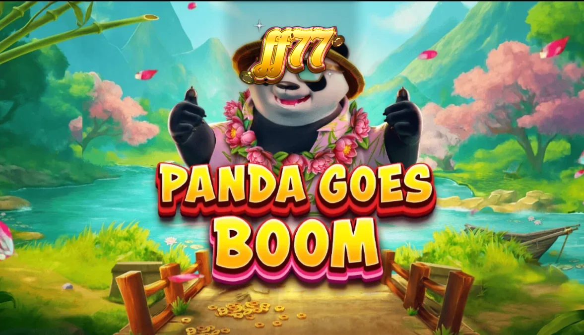 Panda Goes Boom slot machine interface showing the tropical theme and multiplier balloons.